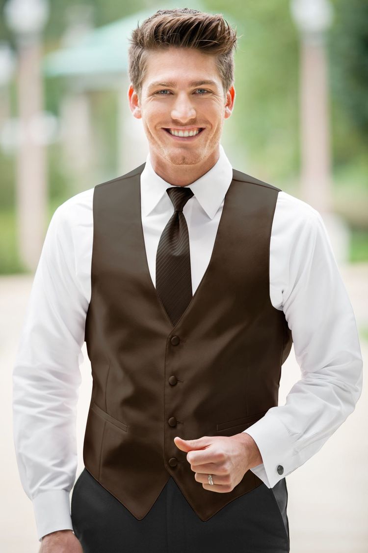 Guy wearing the Expressions Chocolate Fullback Vest and matching tie