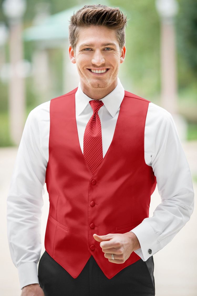 Guy wearing the Expressions Ferrari Red Fullback Vest and matching tie