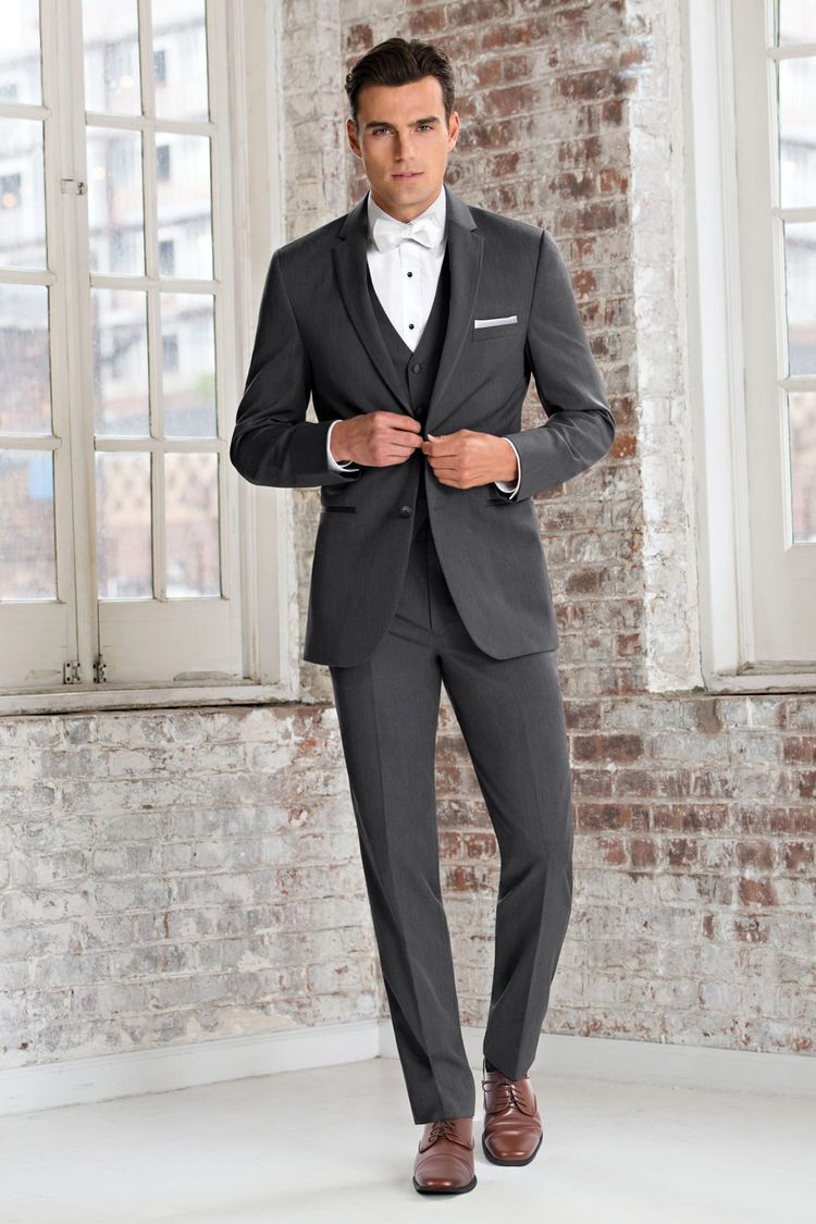 buttoning jacket in a Wedding Suit Steel Grey Michael Kors Sterling with matching Fullback Vest and Expressions White Bow Tie